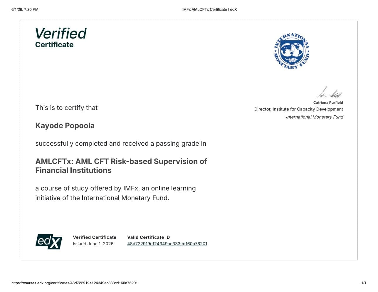 Verified IMF edX AML/CFT risk-based supervision certificate awarded to Kayode Popoola.
